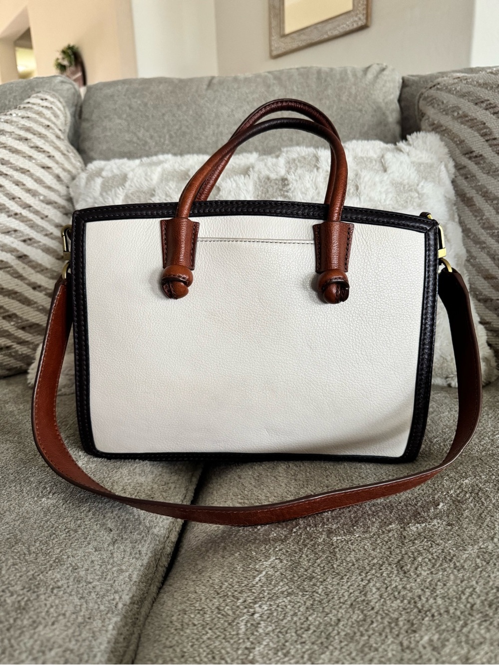 Fossil Classic Two-Tone Leather Satchel - White and Brown